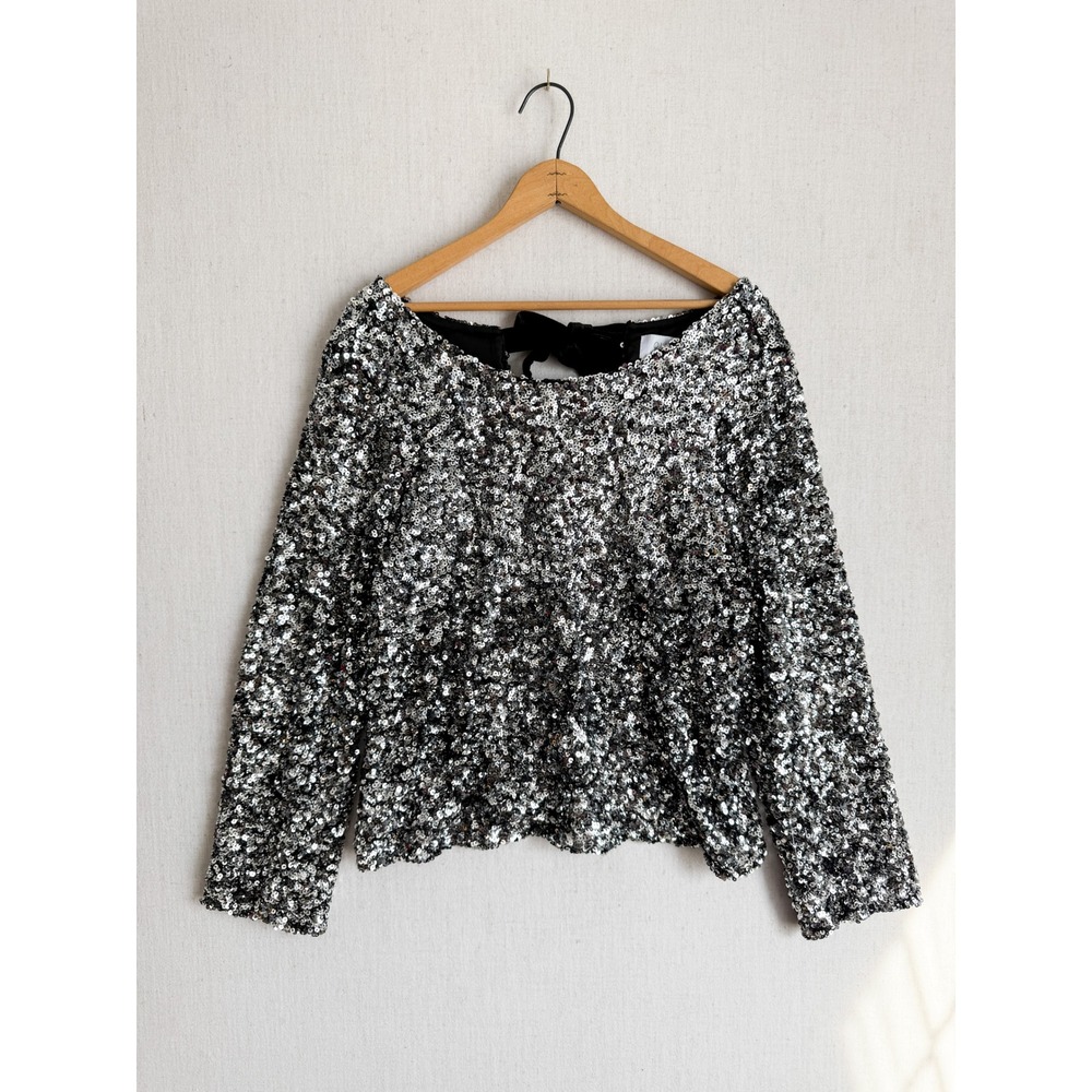 Olivia by Livro Silver Sequin Long Sleeve Top with Velvet Back‎ Bow Tie Size S